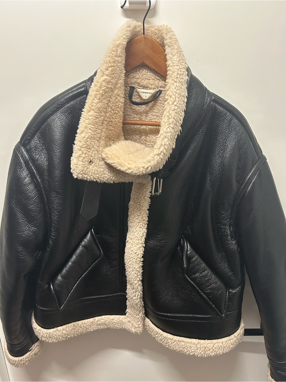 Commense Black Leather Bomber Jacket with Cream Shearling